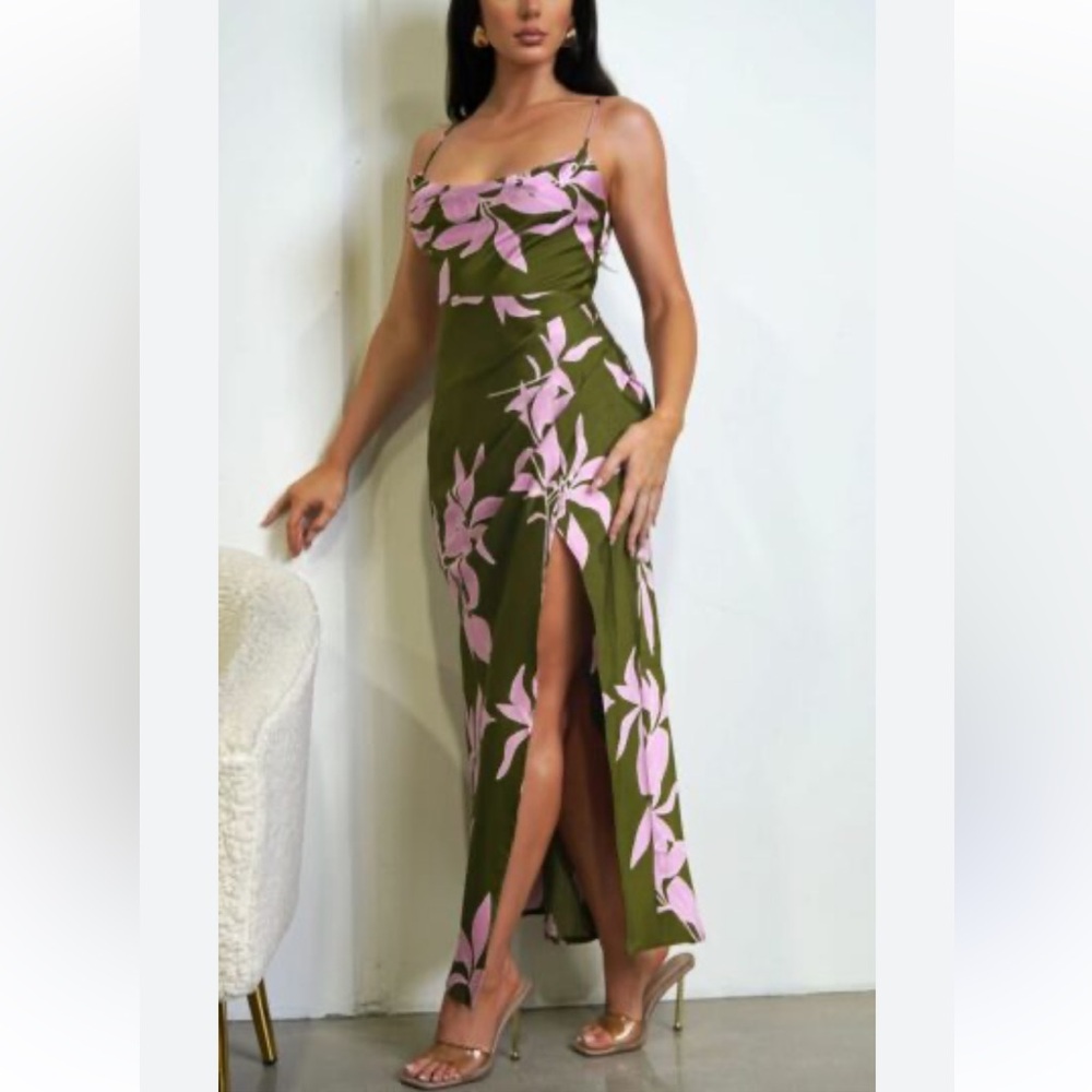 Elegant Green and Pink Floral Maxi Dress